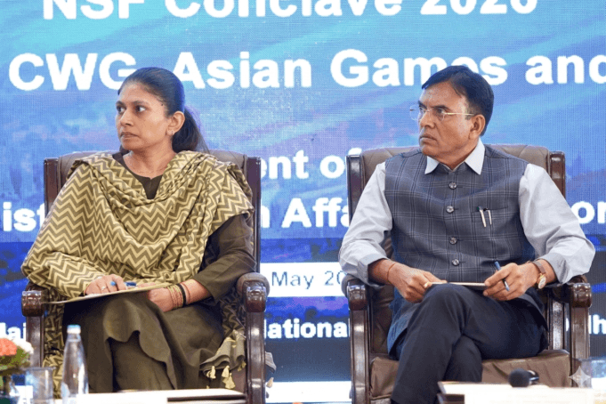 At Sports Conclave 2026 Sports Minister Raksha Khadse and Mansukh Mandviya listening to Sports Federation representatives