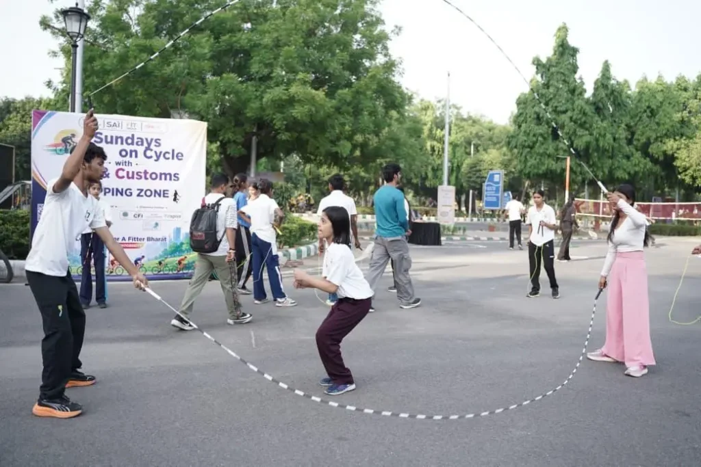 Kids enjoying Rope Skipping at JLN Stadium for Fit India Sundays on Cycle Event with Indian Rope Skipping Federation team