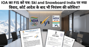 IOA का FIS को पत्र: Ski and Snowboard India पर नया विवाद, कोर्ट आदेश के बाद भी नियंत्रण की कोशिश? News portal banner for Ski and Snowboard India and IOA controversy, featuring official letters and Delhi High Court orders on a conference table with FIS and Indian Olympic Association logos