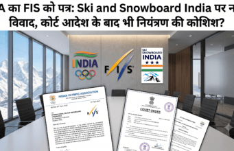 IOA का FIS को पत्र: Ski and Snowboard India पर नया विवाद, कोर्ट आदेश के बाद भी नियंत्रण की कोशिश? News portal banner for Ski and Snowboard India and IOA controversy, featuring official letters and Delhi High Court orders on a conference table with FIS and Indian Olympic Association logos
