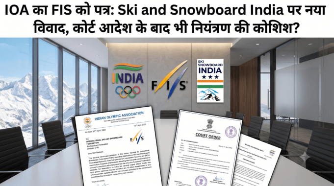 News portal banner for Ski and Snowboard India and IOA controversy, featuring official letters and Delhi High Court orders on a conference table with FIS and Indian Olympic Association logos