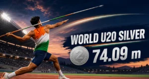 World U20 Athletics 2026: आशीष यादव ने 74.09 मीटर के साथ जीता जैवलिन सिल्वर World U20 Athletics 2026 में आशीष यादव के 74.09 मीटर जैवलिन सिल्वर की प्रतीकात्मक editorial illustration