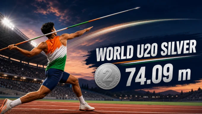 Ashish Yadav World U20 Silver 2026 World U20 Athletics 2026 में आशीष यादव के 74.09 मीटर जैवलिन सिल्वर की प्रतीकात्मक editorial illustration
