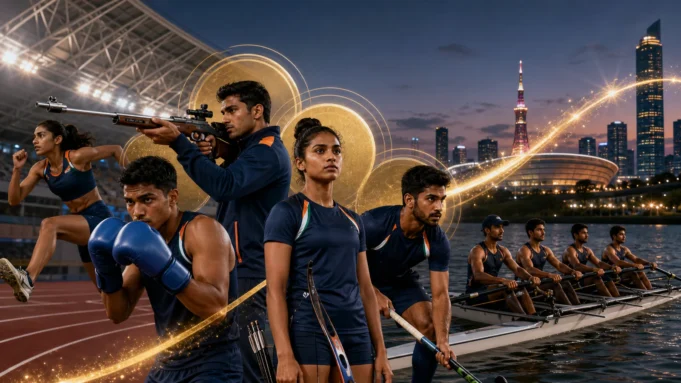 Asian Games 2026 India Medal Projection Aichi-Nagoya Asian Games 2026 के लिए भारतीय खिलाड़ियों और जापानी स्टेडियम का संपादकीय चित्र