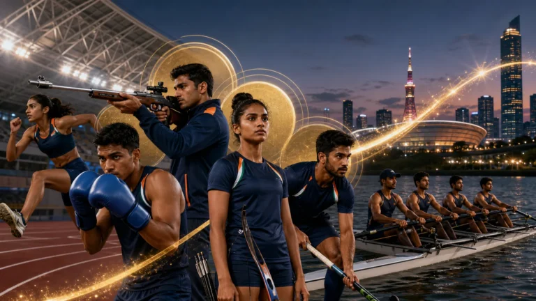 Aichi-Nagoya Asian Games 2026 के लिए भारतीय खिलाड़ियों और जापानी स्टेडियम का संपादकीय चित्र