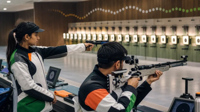 Asian Games 2026 के लिए indoor range में senior और युवा भारतीय निशानेबाजों का संपादकीय दृश्य