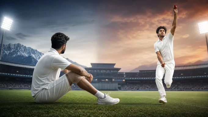 Auqib Nabi Team India Jasprit Bumrah Injury 2026 Jasprit Bumrah की चोट और Auqib Nabi के Team India चयन की AI-निर्मित प्रतीकात्मक इमेज
