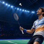 Young Indian badminton player celebrates a major World Championships victory in an original editorial illustration