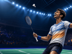 Ayush Shetty Stuns World No. 1 Shi Yuqi in BWF World Championships Thriller Young Indian badminton player celebrates a major World Championships victory in an original editorial illustration