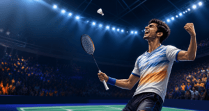 Ayush Shetty Stuns World No. 1 Shi Yuqi in BWF World Championships Thriller Young Indian badminton player celebrates a major World Championships victory in an original editorial illustration