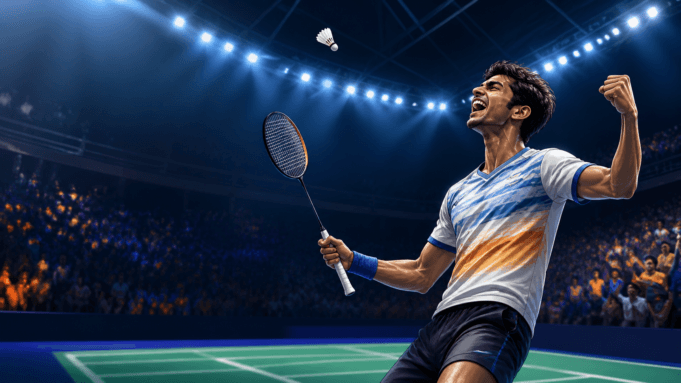 Ayush Shetty World Championships Upset – Editorial Illustration Young Indian badminton player celebrates a major World Championships victory in an original editorial illustration