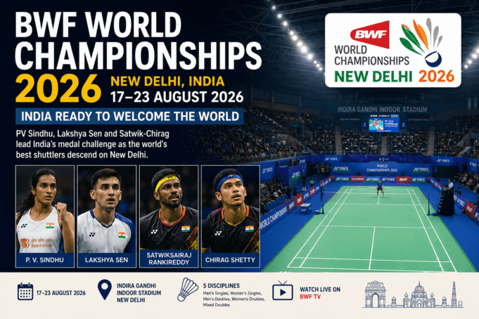 BWF World Championships 2026 New Delhi – India’s Medal Challenge BWF World Championships 2026 New Delhi poster featuring PV Sindhu, Lakshya Sen, Satwiksairaj Rankireddy and Chirag Shetty
