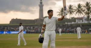 Padikkal’s Maiden Test Century Puts India in Control in Galle Indian left-handed Test batter raising his bat after reaching a century in Galle