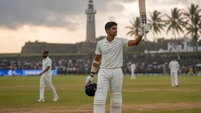 Indian left-handed Test batter raising his bat after reaching a century in Galle