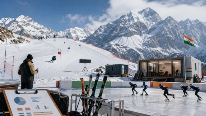 India Winter Sports Funding Audit हिमालयी winter sports training centre में भारतीय skier और ice athletes का संपादकीय दृश्य