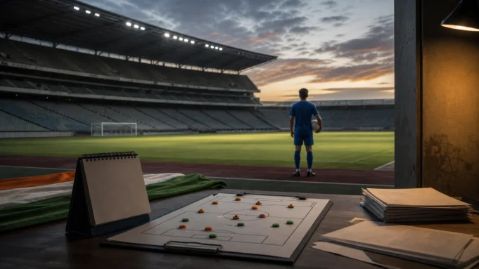 Indian Football Crisis AIFF Governance खाली भारतीय फुटबॉल स्टेडियम में league calendar और governance documents का संपादकीय दृश्य