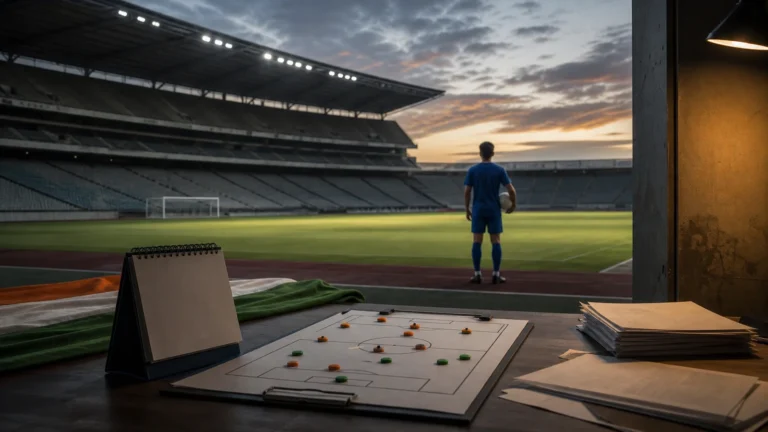 खाली भारतीय फुटबॉल स्टेडियम में league calendar और governance documents का संपादकीय दृश्य