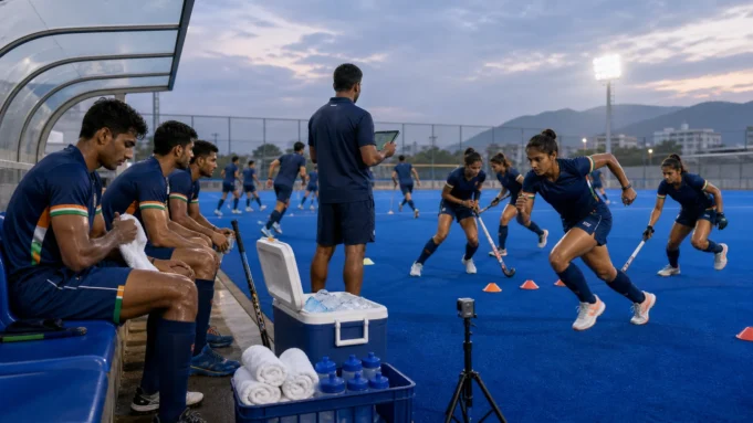 Indian Hockey Asian Games 2026 Test Asian Games 2026 से पहले fitness drill करते भारतीय पुरुष और महिला हॉकी खिलाड़ी