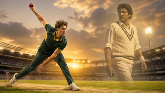 Mitchell Starc vs Kapil Dev Test Wickets Record 2026 Mitchell Starc और Kapil Dev के टेस्ट विकेट रिकॉर्ड की प्रतीकात्मक क्रिकेट इमेज