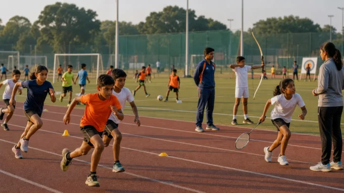Grassroots sports talent identification in India Young athletes taking part in a multi-sport talent identification session in India