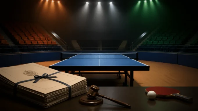 TTFI recognition suspended over governance concerns Table tennis arena with governance documents and gavel symbolising suspension of TTFI recognition