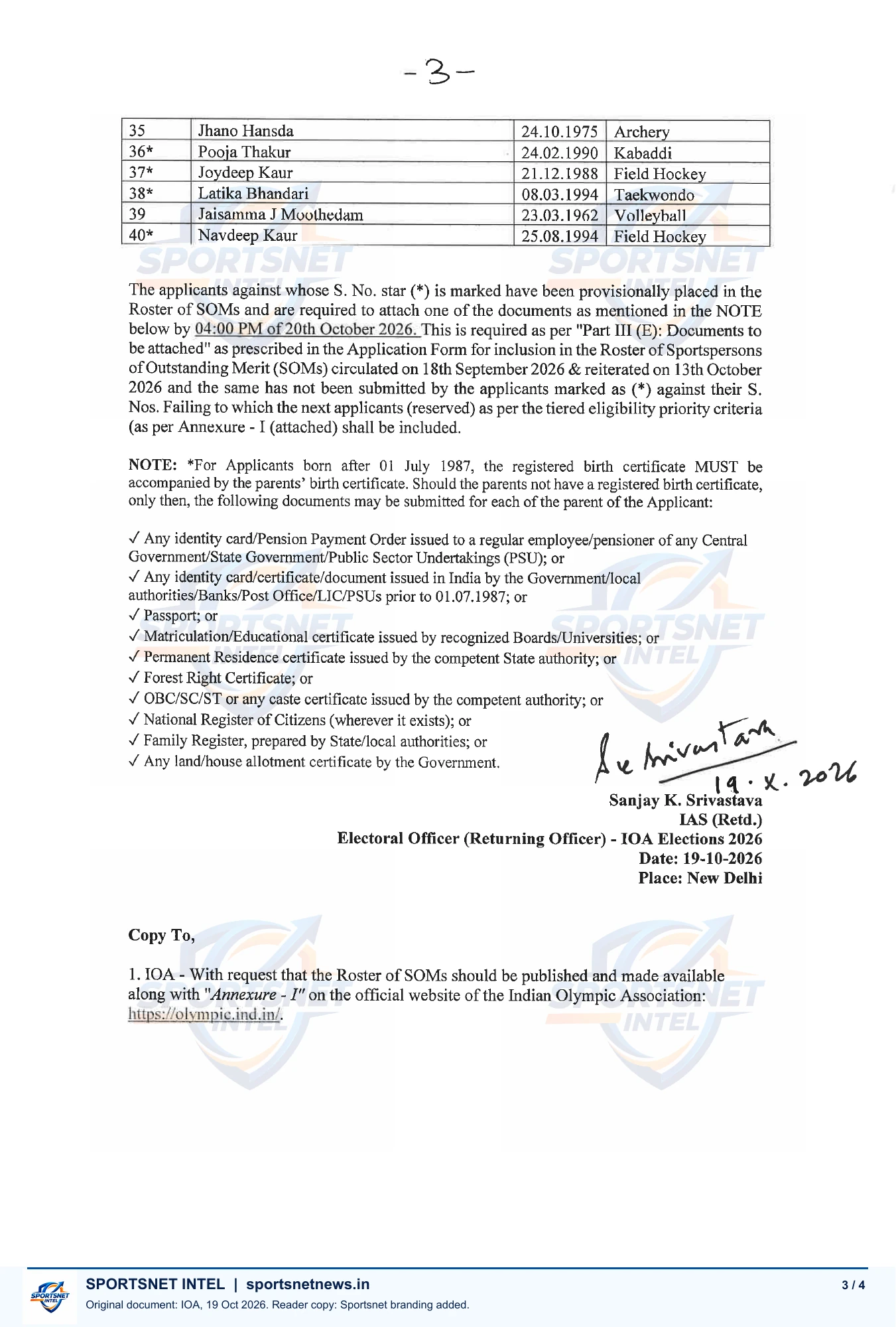 IOA SOM रोस्टर 2026, पृष्ठ 3: महिला रोस्टर की शेष प्रविष्टियाँ और जरूरी दस्तावेज की शर्त